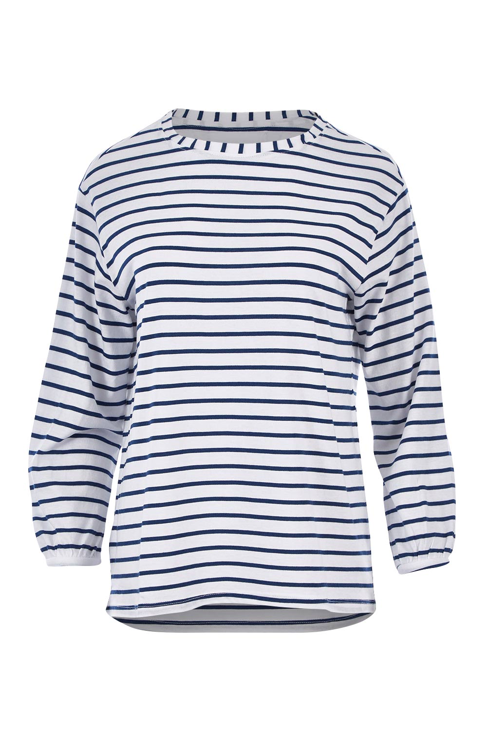 Product shot of The Cotton Bamboo L/S Top in colour NavyStripe (Blue), from the front