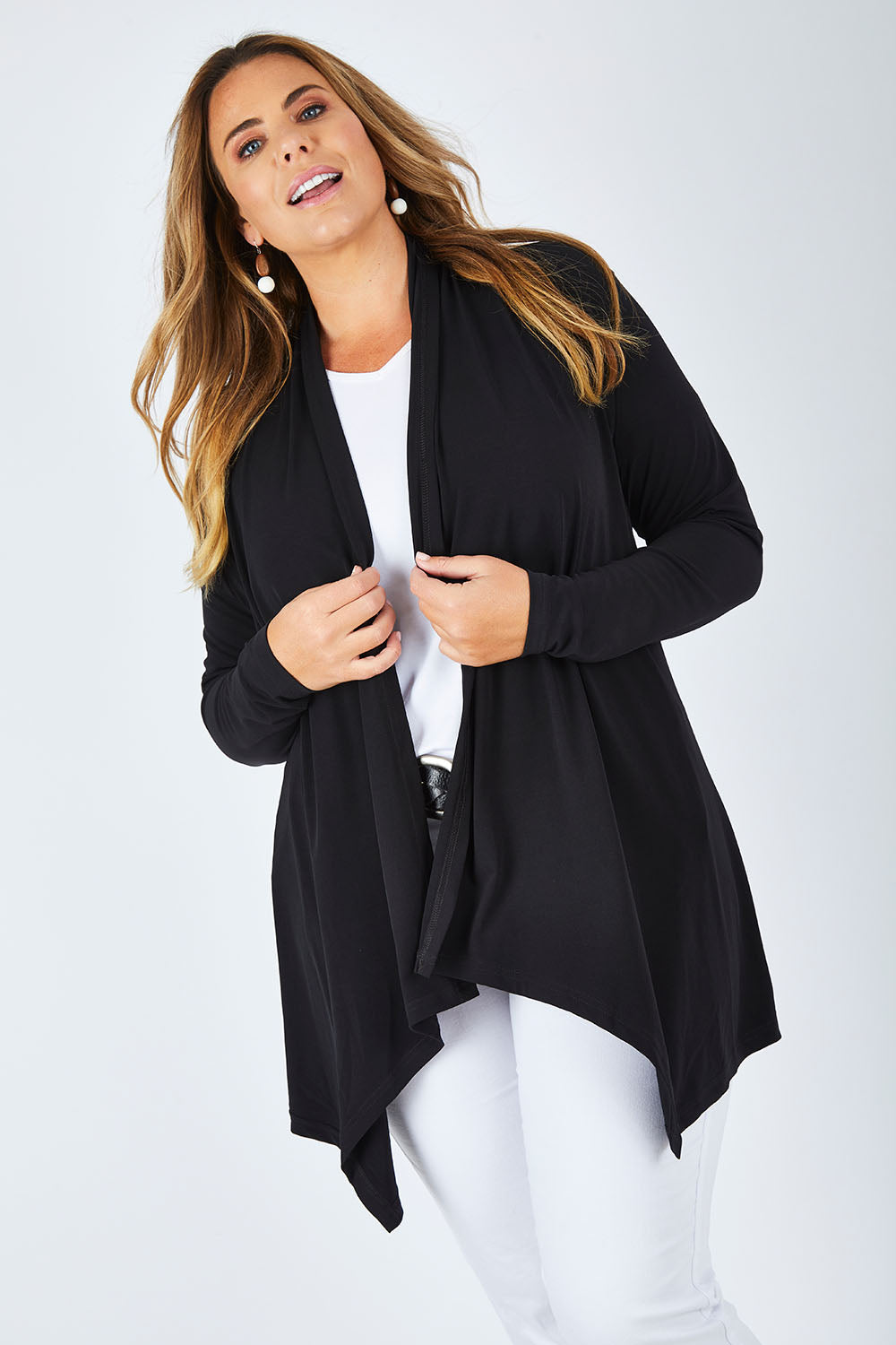 Model Fiona wearing size 16 of The Ultimate Tie Cardi in colour Black (Black), from the front, cropped image