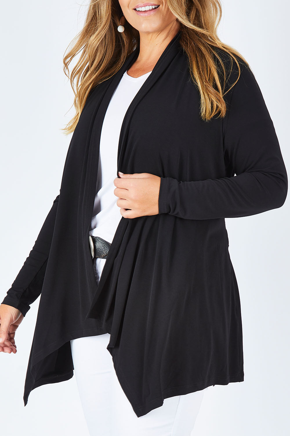 Model Fiona wearing size 16 of The Ultimate Tie Cardi in colour Black (Black), from the front, cropped image