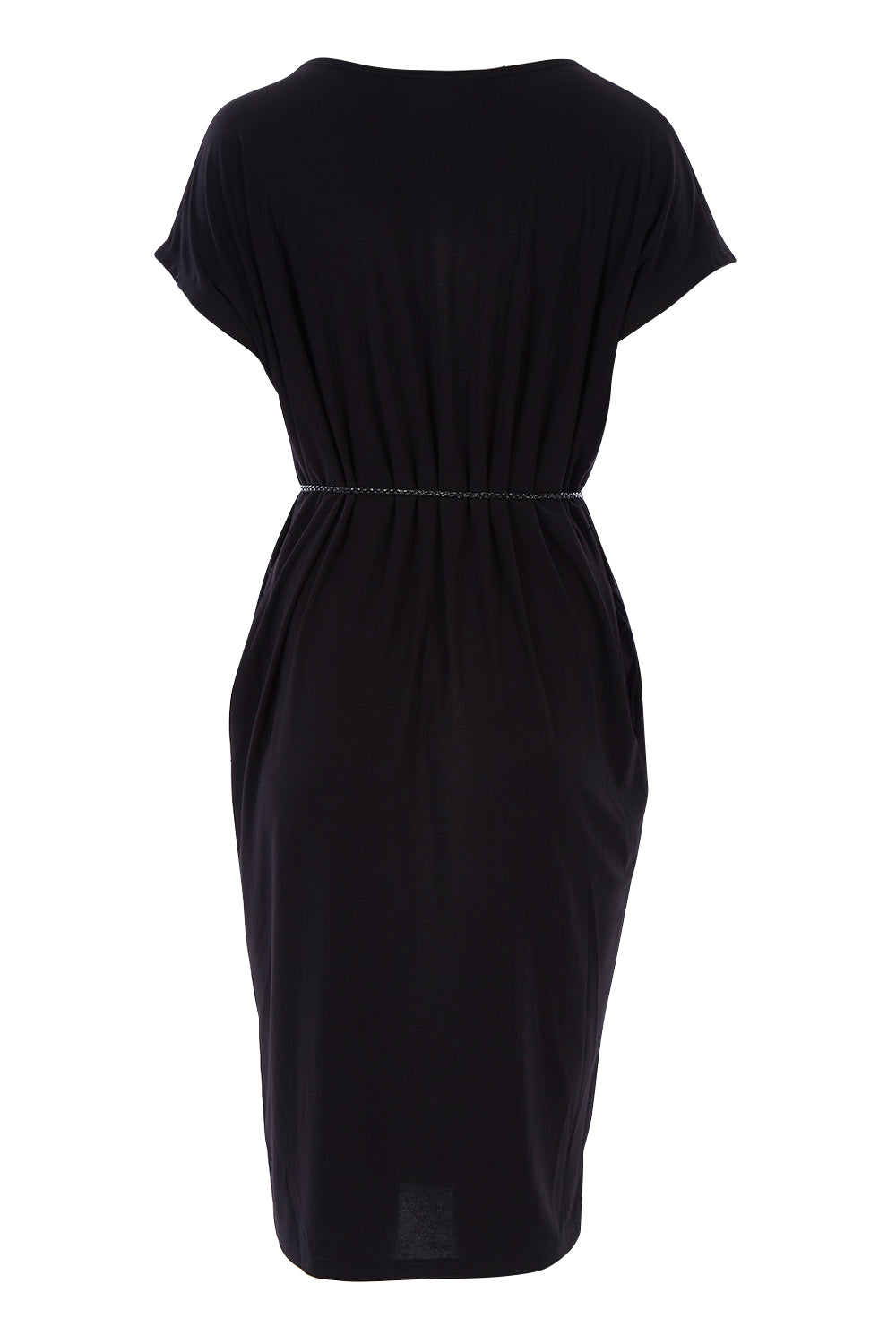 Product shot of The Belted Midi Dress in colour Black (Black), from the back