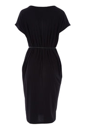 Product shot of The Belted Midi Dress in colour Black (Black), from the back
