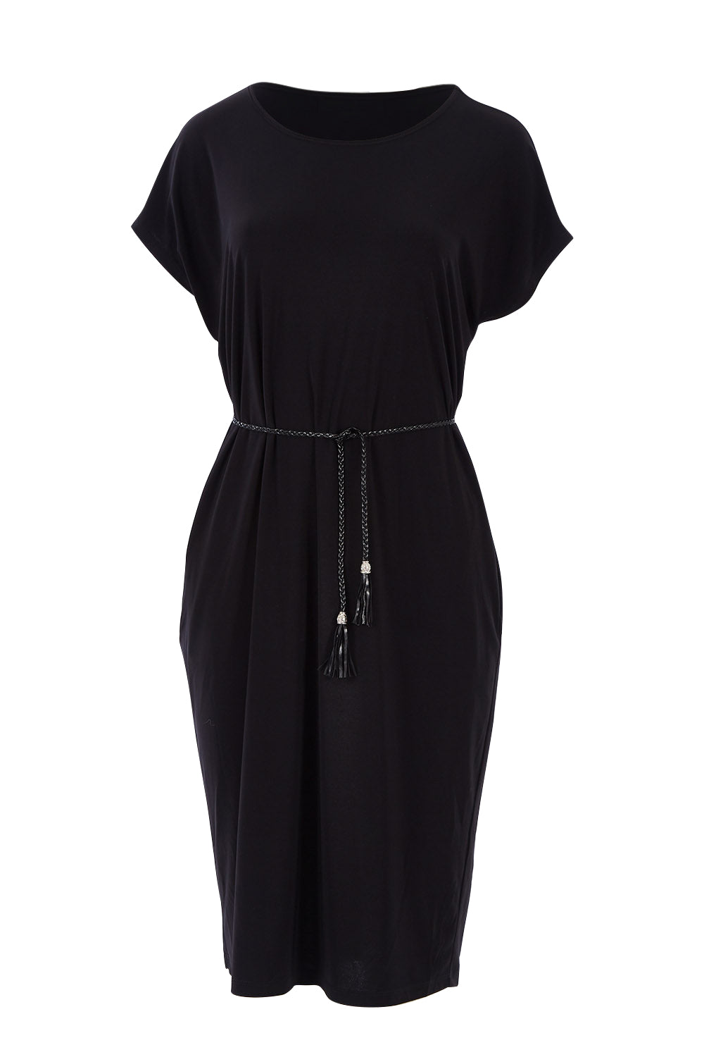 Product shot of The Belted Midi Dress in colour Black (Black), from the front