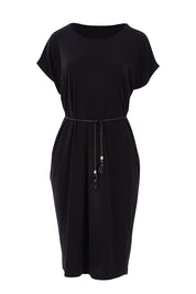 Product shot of The Belted Midi Dress in colour Black (Black), from the front