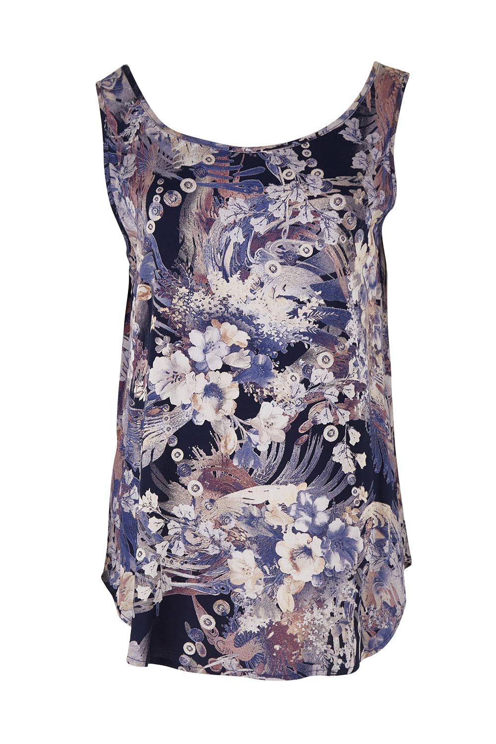 Product shot of The Reversible Tank in colour Multiprint (Blue), from the front