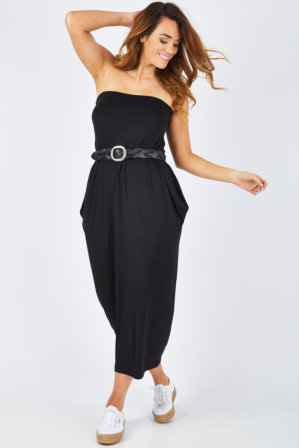 Model Laura wearing size 14 of The Multiin colourWay Dress - Black (Black), from the front, showing the whole outfit