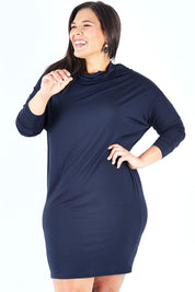 Model Lauren wearing size 18 of The Multiin colourWay Dress - Navy (Blue), from the front, cropped image