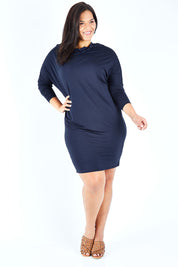 Model Lauren wearing size 18 of The Multiin colourWay Dress - Navy (Blue), from the front, showing the whole outfit