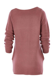 Product shot of The Relaxed V Neck Pullover in colour Dustyrose (Pink), from the back