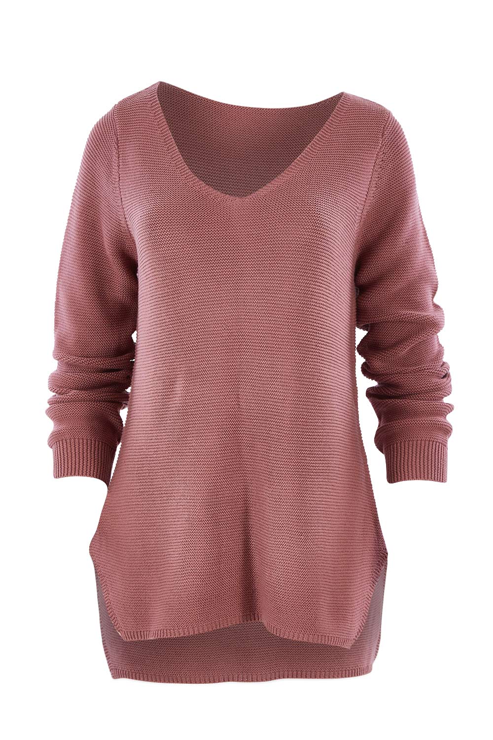 Product shot of The Relaxed V Neck Pullover in colour Dustyrose (Pink), from the front