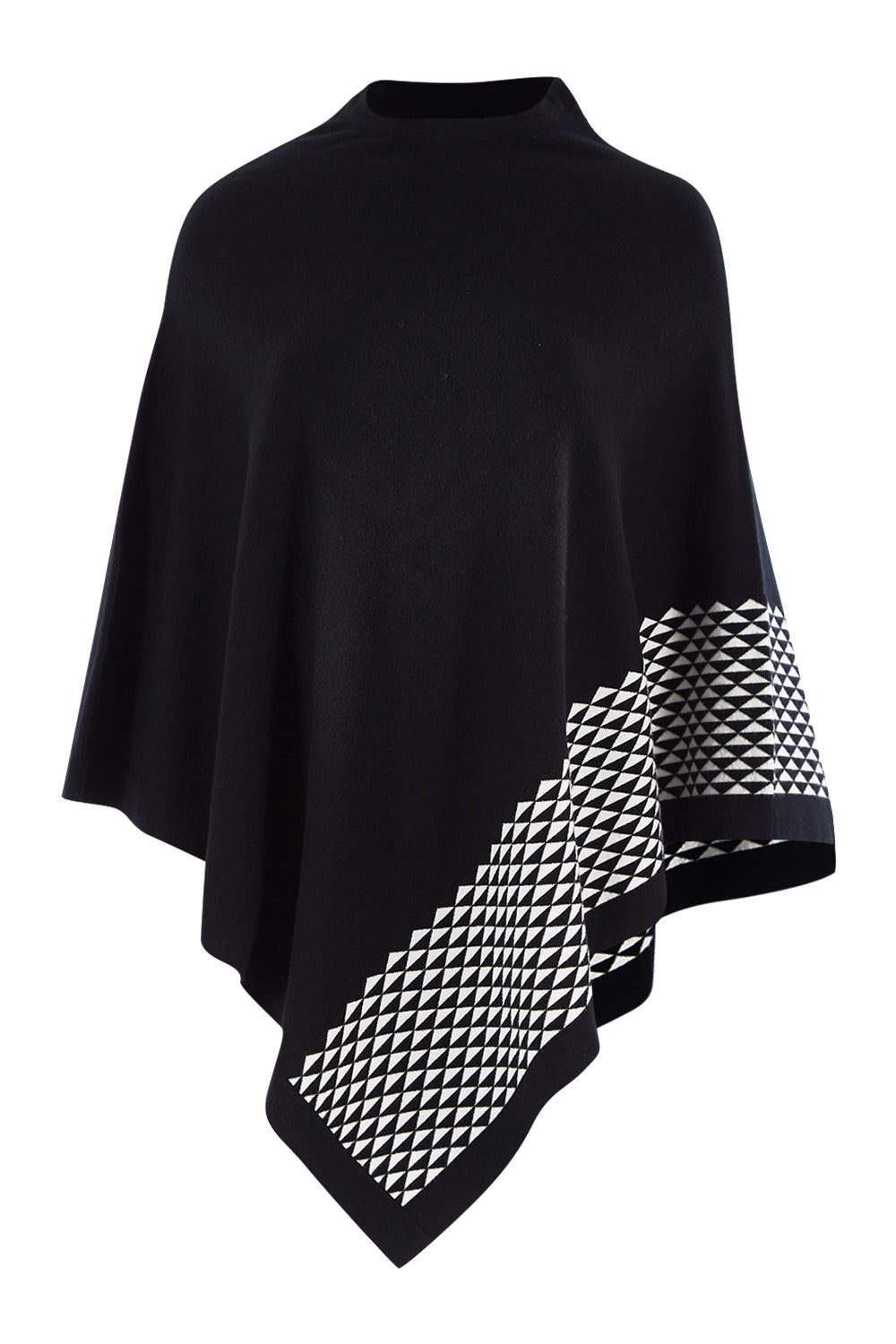 Product shot of The Patterned Removable Roll Neck Poncho in colour Blackprint (Black), detail