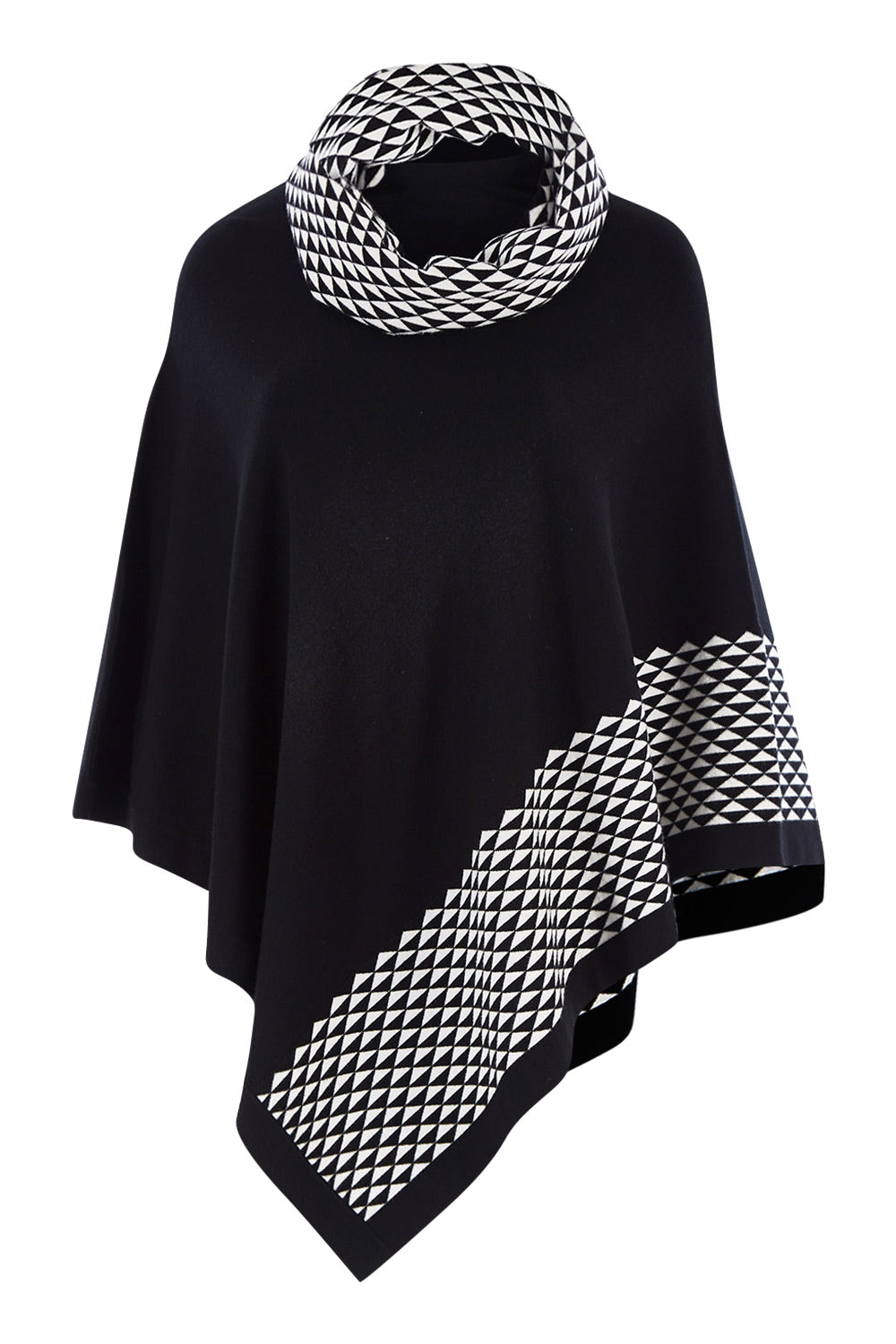 Product shot of The Patterned Removable Roll Neck Poncho in colour Blackprint (Black), from the front