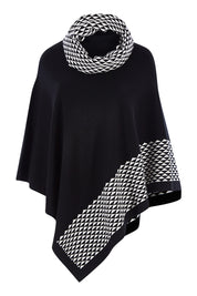 Product shot of The Patterned Removable Roll Neck Poncho in colour Blackprint (Black), from the front