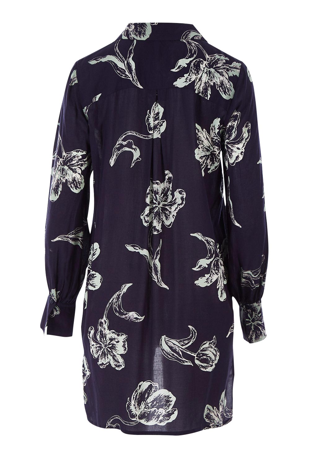 Product shot of The Longline Button Shirt in colour Navyprint (Blue), from the back