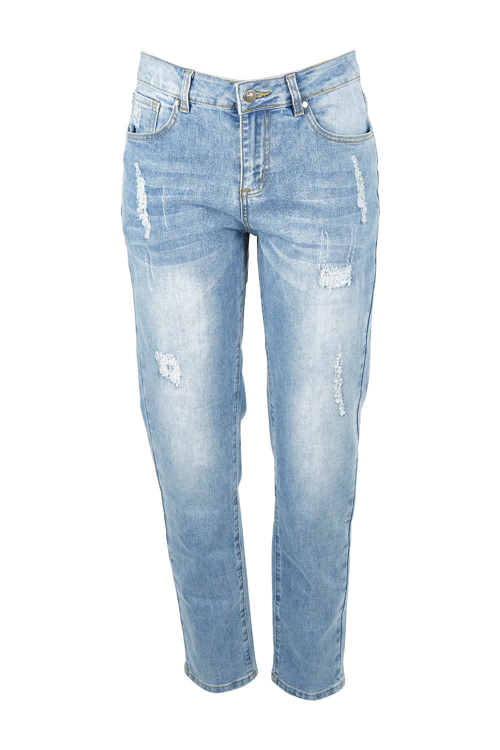 Product shot of The Distressed Boyfriend Slim Leg Jean in colour Blue (Blue), from the front