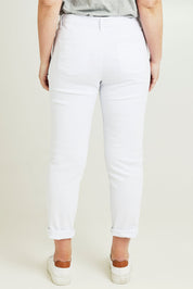 Model Jane wearing size 14 of The Distressed Boyfriend Slim Leg Jean in colour White (White), from the back