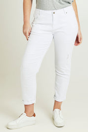 Model Jane wearing size 14 of The Distressed Boyfriend Slim Leg Jean in colour White (White), from the front, cropped image