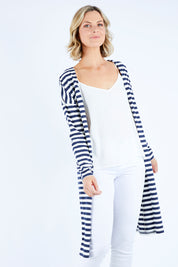 Model Chelsea wearing size 10 of The Relaxed Cotton Cardi in colour Navystripe (Blue), from the front, cropped image