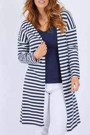 Model Laura wearing size 14 of The Relaxed Cotton Cardi in colour Navystripe (Blue), from the front, cropped image