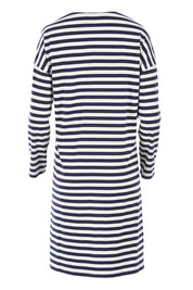 Product shot of The Relaxed Cotton Cardi in colour Navystripe (Blue), from the back