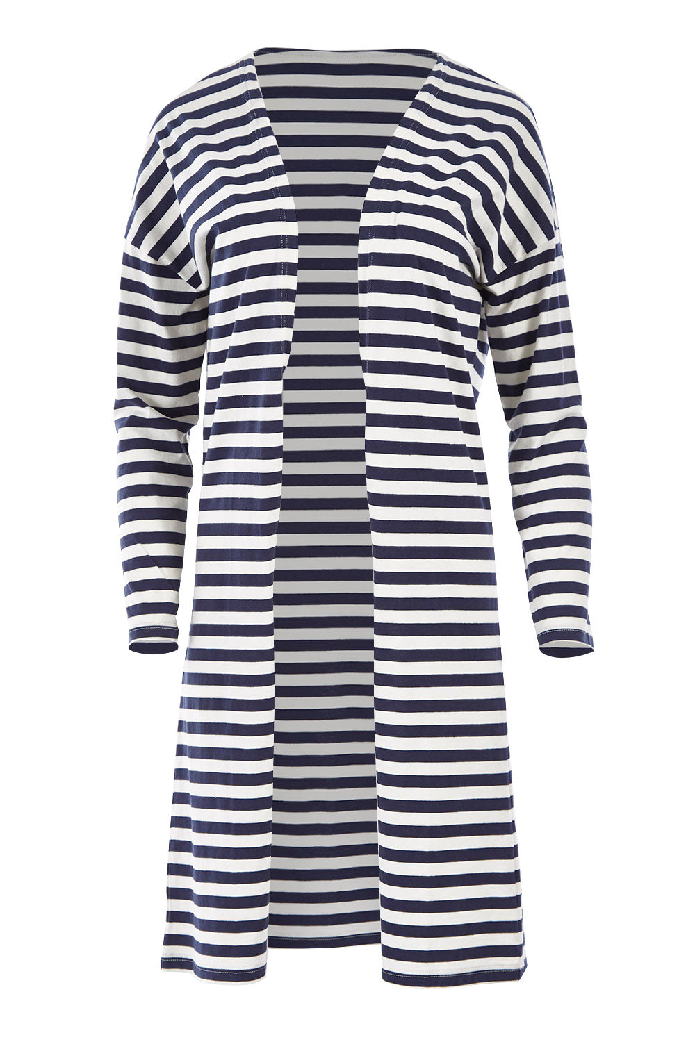 Product shot of The Relaxed Cotton Cardi in colour Navystripe (Blue), from the front