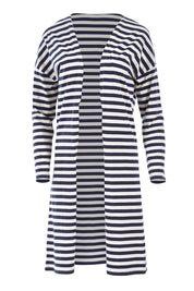 Product shot of The Relaxed Cotton Cardi in colour Navystripe (Blue), from the front
