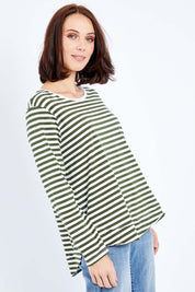 Model Andrea wearing size 10 of The Relaxed Cotton Long Sleeve Tee in colour Khaki (Green), from the front, cropped image