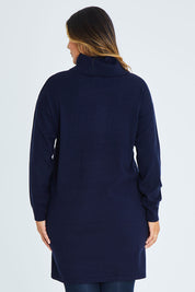 Model Palatina wearing size XL of The Roll Neck Tunic Dress in colour Navy (Blue), from the back