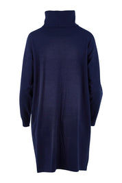 Product shot of The Roll Neck Tunic Dress in colour Navy (Blue), from the back