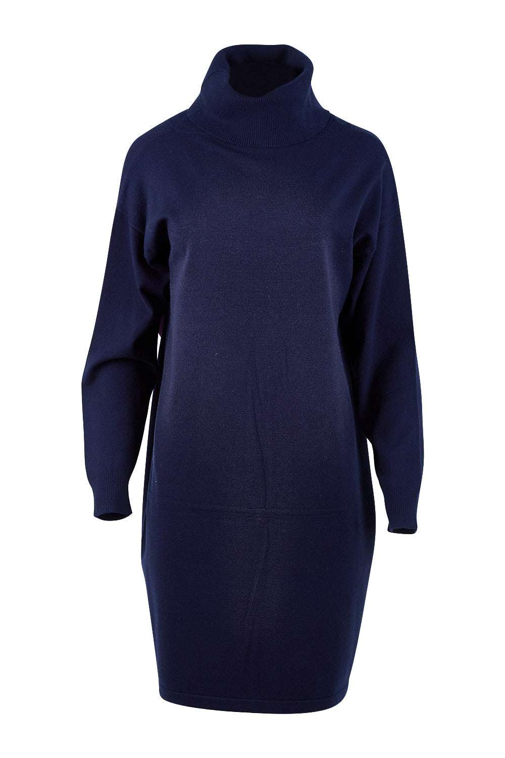 Product shot of The Roll Neck Tunic Dress in colour Navy (Blue), from the front