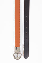 A model wearing size S of The Bella Genuine Reversible Leather Belt in colour Tan, from the front, showing the whole outfit