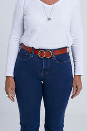 A model wearing size S of The Townsville Genuine Leather Belt in colour Tan, from the front, cropped image