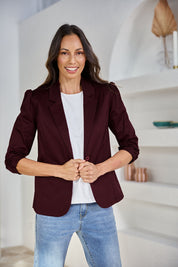 Model Amanda wearing size 10 of The Everyday Blazer in colour Burgundy (Purple), from the front, showing the whole outfit