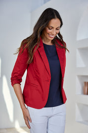 Model Amanda wearing size 10 of The Everyday Blazer in colour Cherryred (Red), from the front, showing the whole outfit