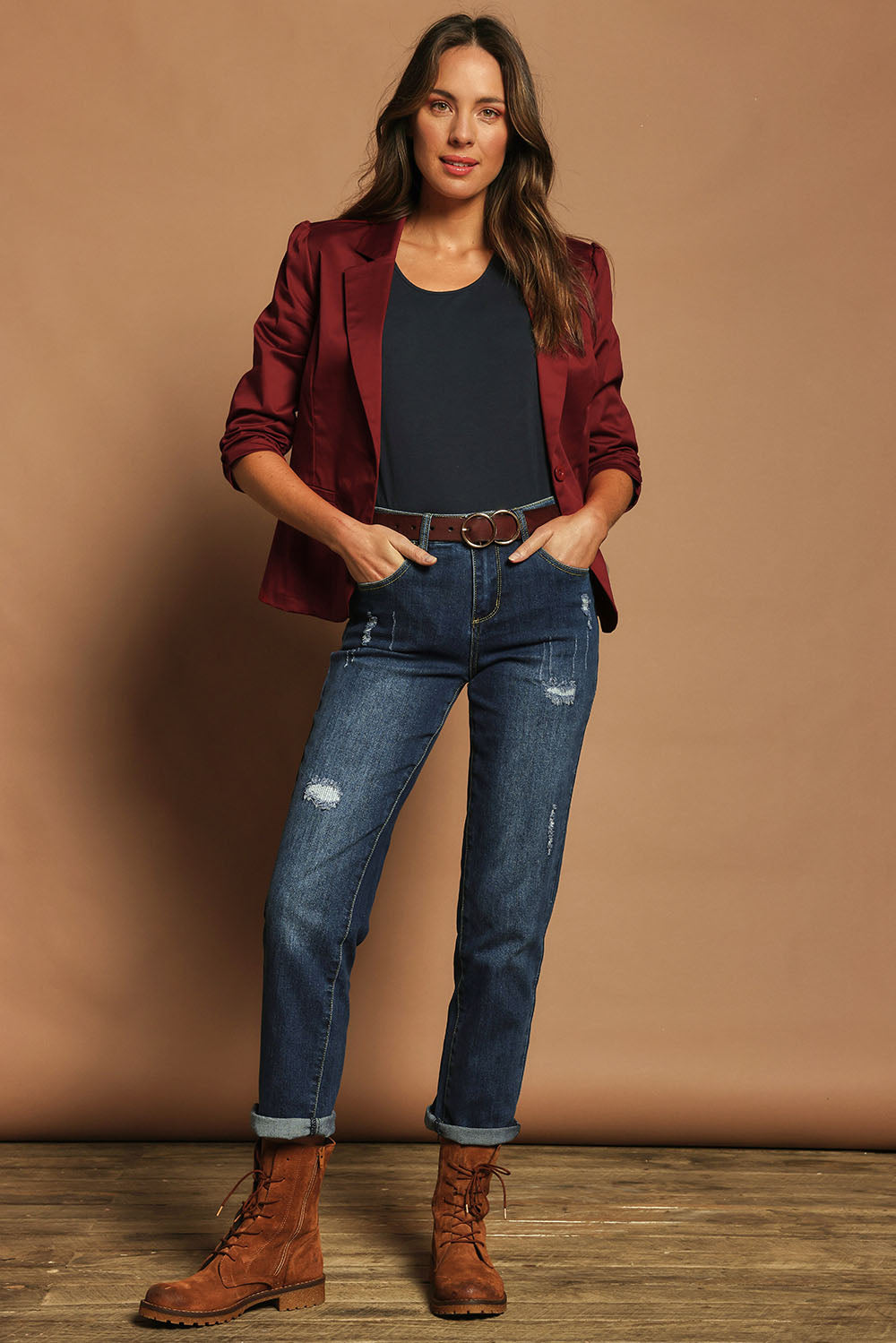 Model Madeline wearing size 10 of The Everyday Blazer in colour Chillired (Red), from the front, showing the whole outfit