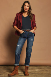 Model Madeline wearing size 10 of The Everyday Blazer in colour Chillired (Red), from the front, showing the whole outfit