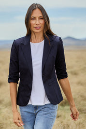 Model Amanda wearing size 10 of The Everyday Blazer in colour DarkNavy (Blue), from the front, showing the whole outfit