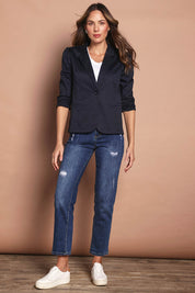 Model Madeline wearing size 10 of The Everyday Blazer in colour DarkNavy (Blue), from the front, showing the whole outfit