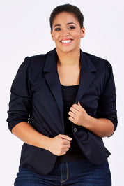 Model Shareefa wearing size 18 of The Everyday Blazer in colour DarkNavy (Blue), from the front, showing the whole outfit