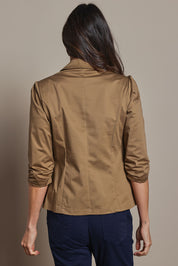 Model Amanda wearing size 10 of The Everyday Blazer in colour Donut, from the back