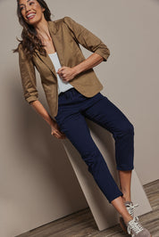 Model Amanda wearing size 10 of The Everyday Blazer in colour Donut, from the front, showing the whole outfit