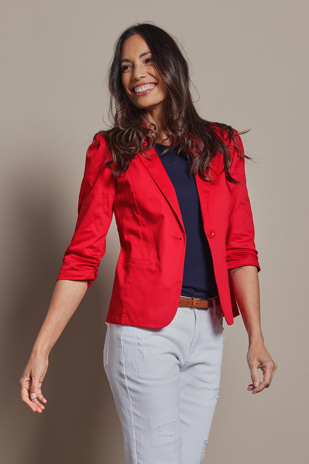 Model Amanda wearing size 10 of The Everyday Blazer in colour Firered (Red), from the front, cropped image
