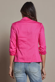 Model Amanda wearing size 10 of The Everyday Blazer in colour Fuschia (Pink), from the back