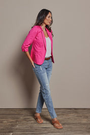 Model Amanda wearing size 10 of The Everyday Blazer in colour Fuschia (Pink), from the front, showing the whole outfit