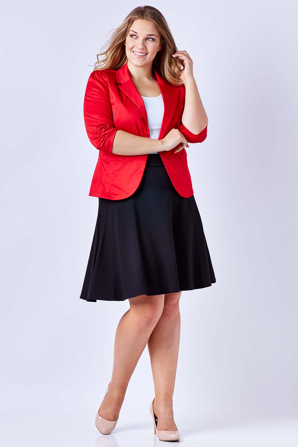 Model Kate wearing size 16 of The Everyday Blazer in colour Red (Red), from the front, showing the whole outfit