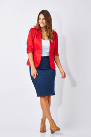 Model Laura wearing size 12 of The Everyday Blazer in colour Red (Red), from the front, showing the whole outfit