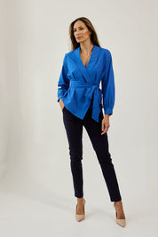 Model Amanda wearing size 10 of The Slim Cut Stretch Pant in colour Navy (Blue), from the front, showing the whole outfit