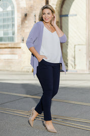 Model Fiona wearing size 16 of The Slim Cut Stretch Pant in colour Navy (Blue), from the front, showing the whole outfit