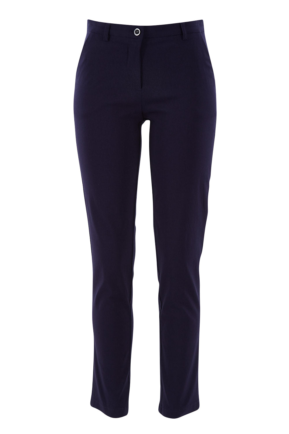 Product shot of The Slim Cut Stretch Pant in colour Navy (Blue), from the front
