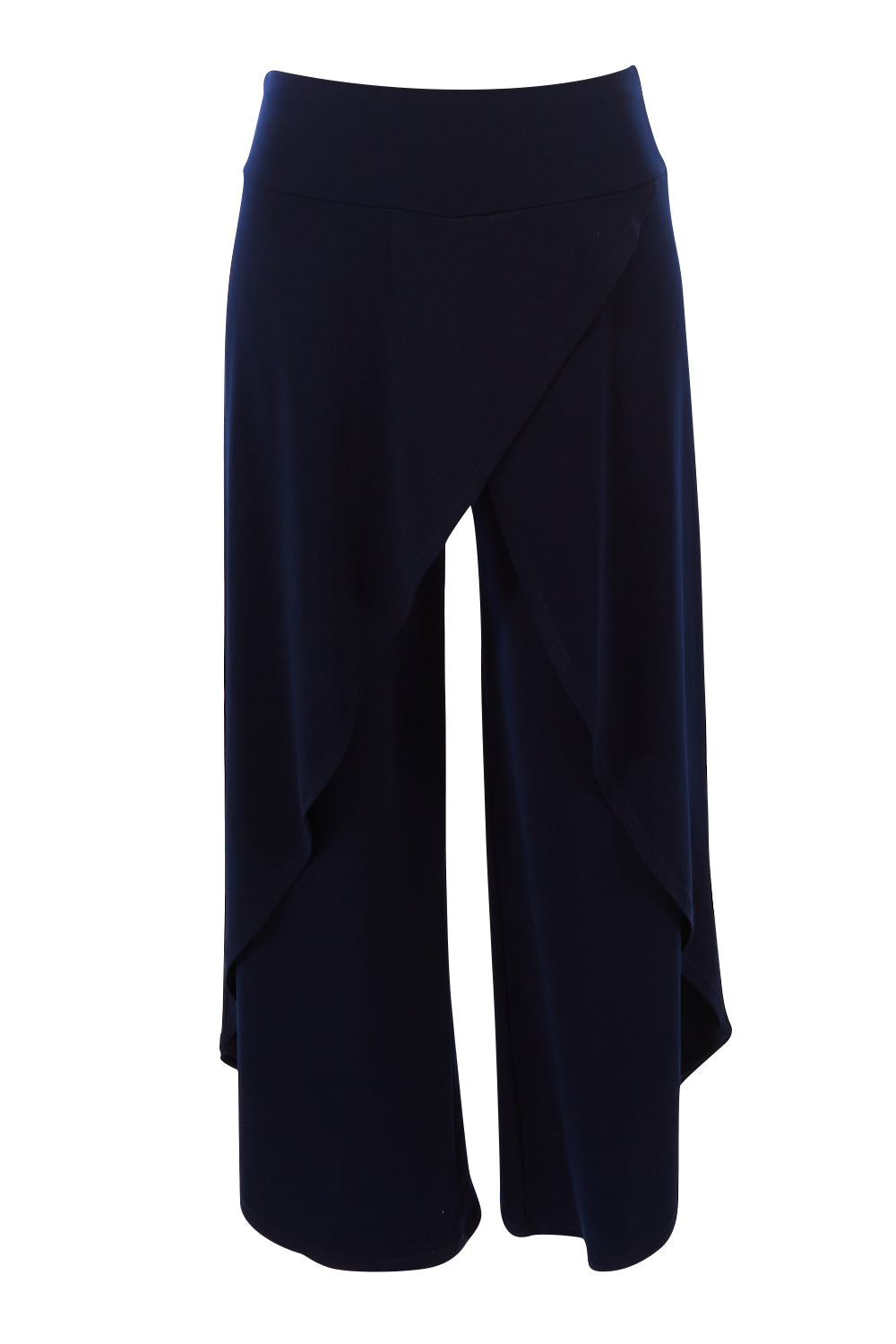 Product shot of The Cross Over Pant in colour Navy (Blue), from the front