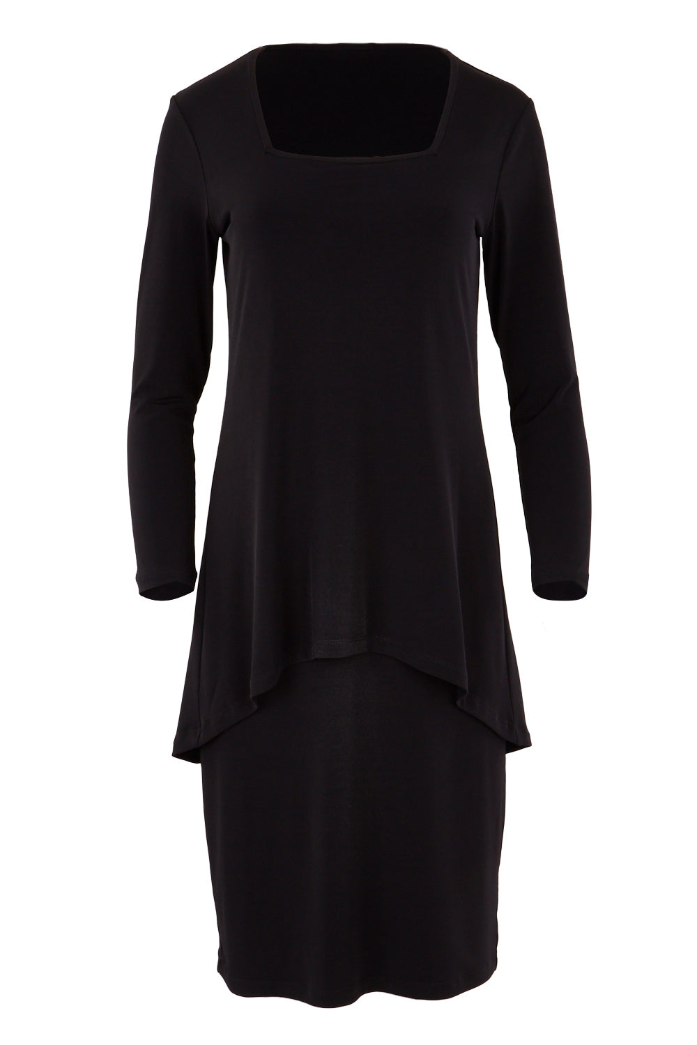 Product shot of The Long Rita Dress in colour Black (Black), from the front